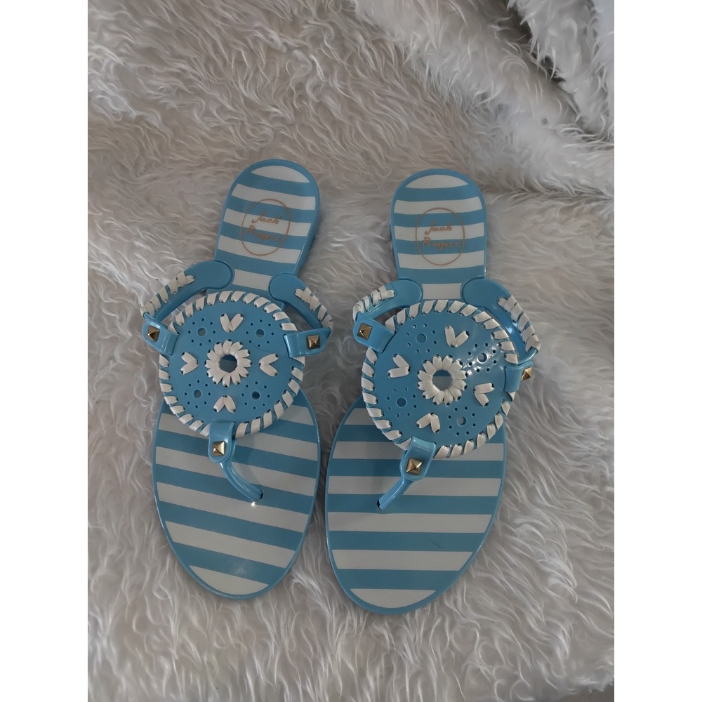Jack Rogersβ Jacks Jelly Thong Sandals Blue White Stripe Flower Detail Size 8